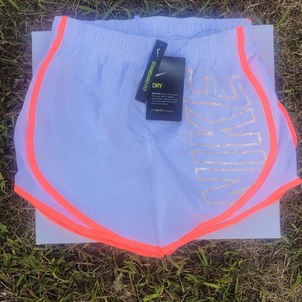 Nike Women's White and Neon Pink Athletic Shorts